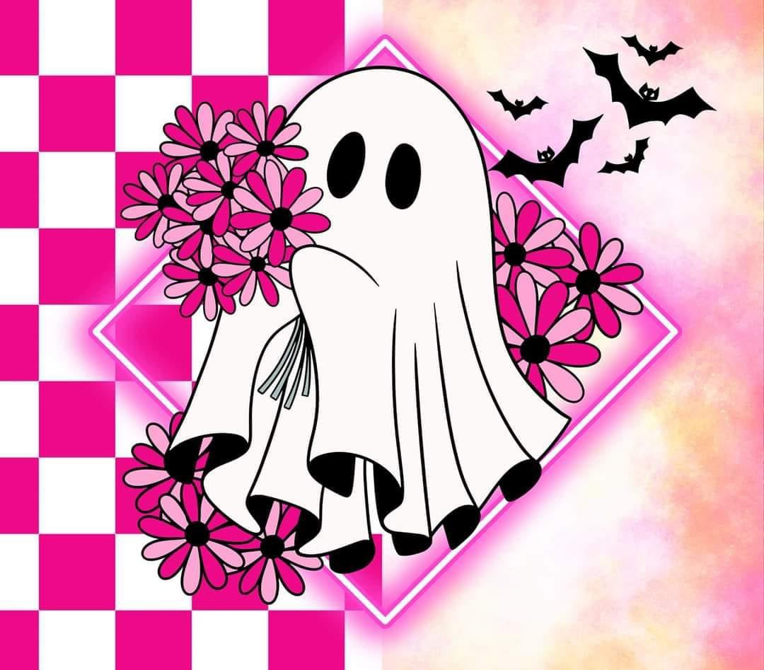 Hallowen - Pink checker ghost with bats