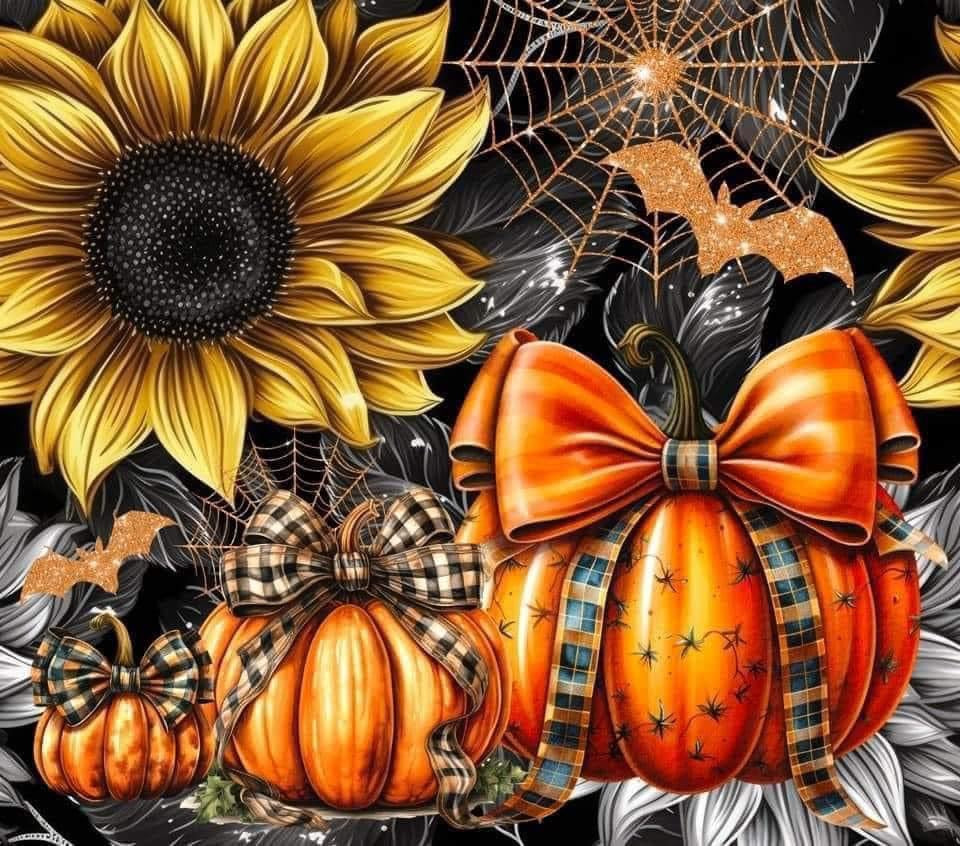 Halloween - 3 pumpkins and sunflower